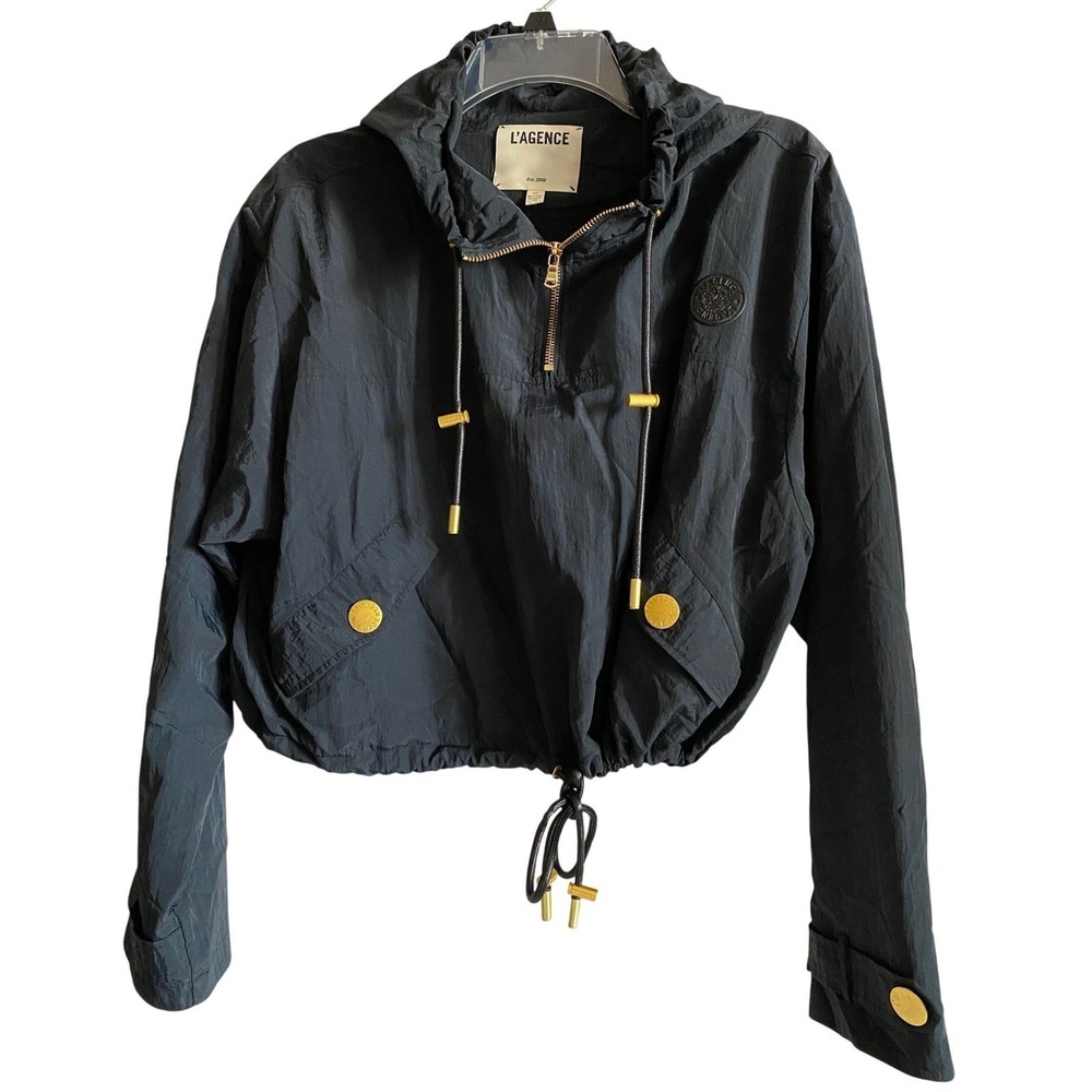 L'AGENCE Bronwyn Cropped Windbreaker Jacket Womens Sz Small Black with Gold